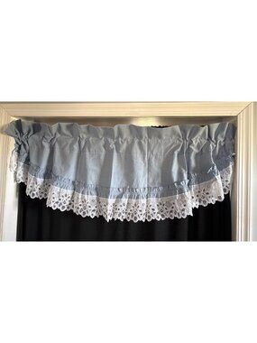 Blue & White Ruffled Window Valance Lace Trim 58" wide JC Penney Vintage Charm